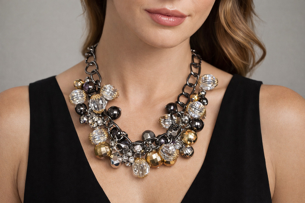 Joan Rivers 19" Chunky Bubble Necklace Crystal Gray Gold Choker Bib Cluster